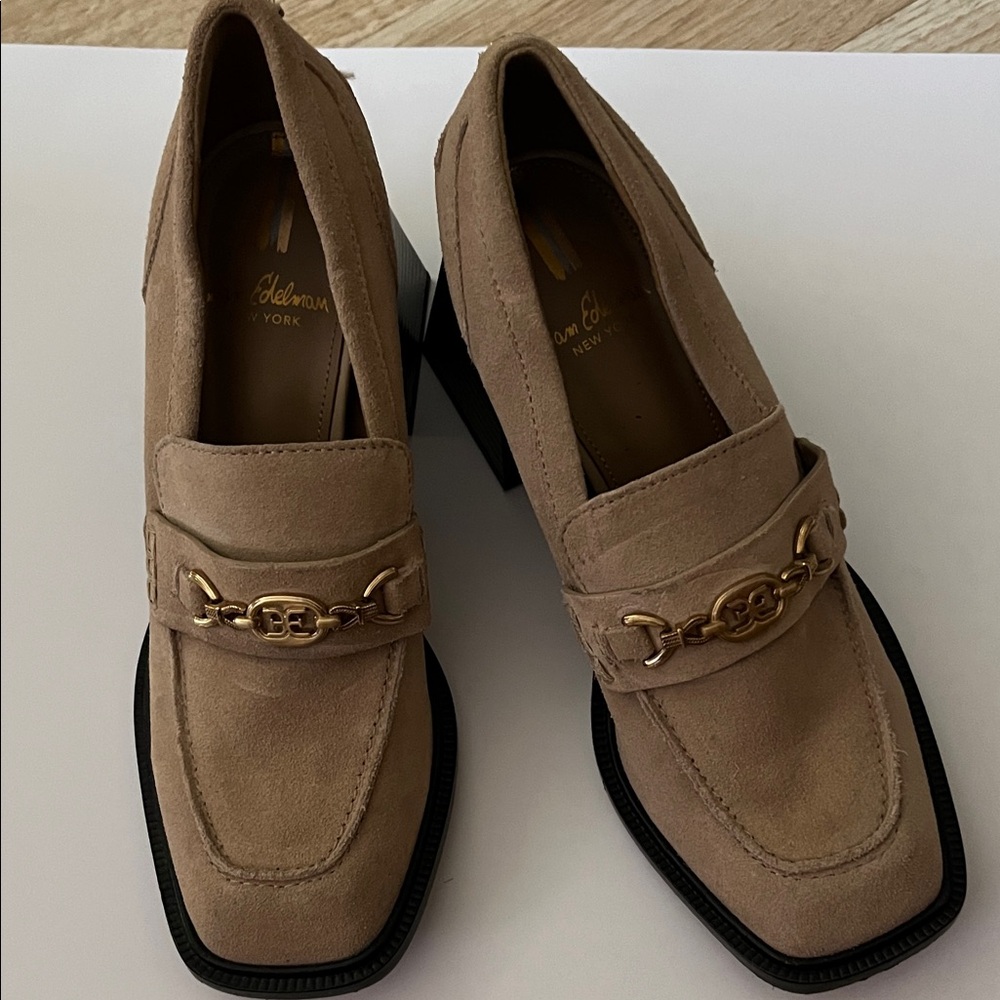 Sam Edelman Women's Quincy block heel loafer in beige suede